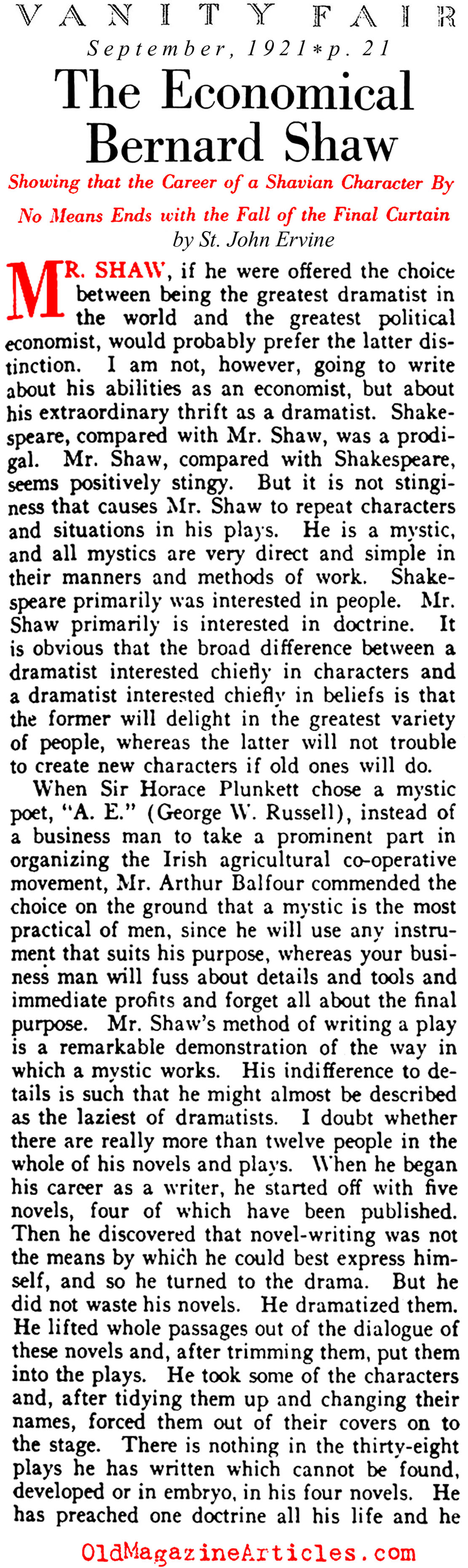 George Bernard Shaw and Literary Recycling (Vanity Fair, 1921)